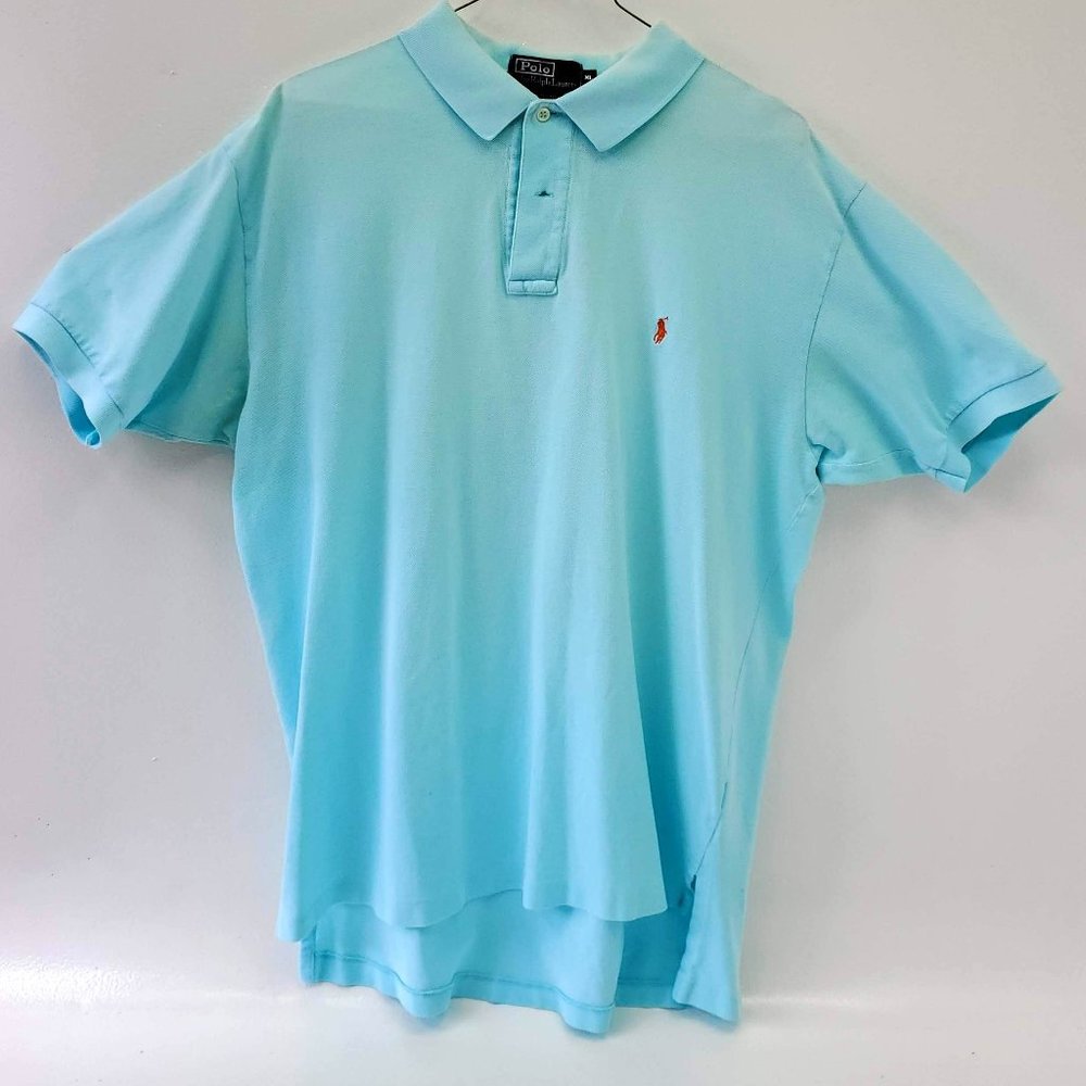Ralph Lauren Polo Men's XL Cotton Shirt Light Blue Red Logo Short Sleeve Cotton